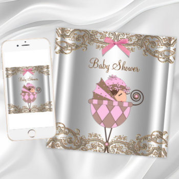 Pink Brown Lace Girl Baby Shower Invitation by BabyCentral at Zazzle