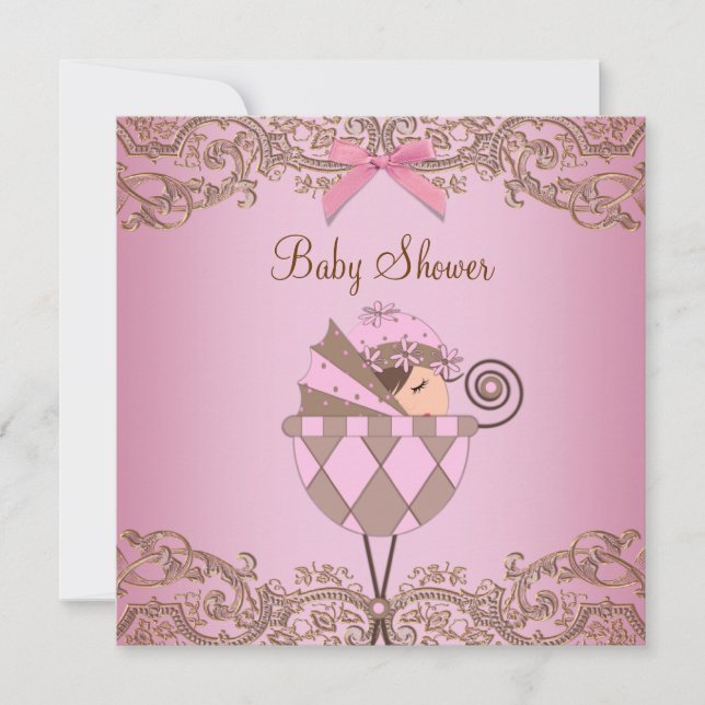 Pink Brown Lace Girl Baby Shower Invitations (Front)