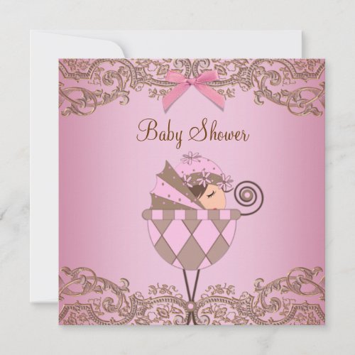 Pink Brown Lace Girl Baby Shower Invitations