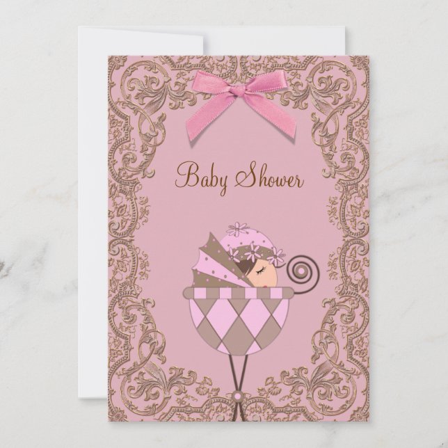 Pink Brown Lace Girl Baby Shower Invitations (Front)