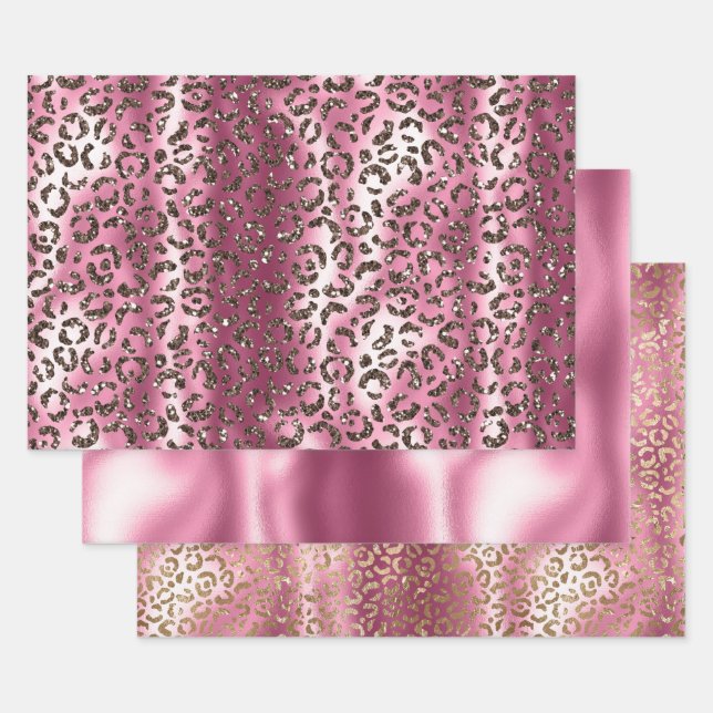 Pink Brown Leopard Print Glitter Dream Wrapping Paper Sheets (Set)