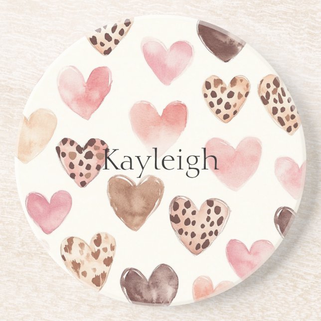 Pink Brown Leopard Print Hearts Birthday Coaster (Front)