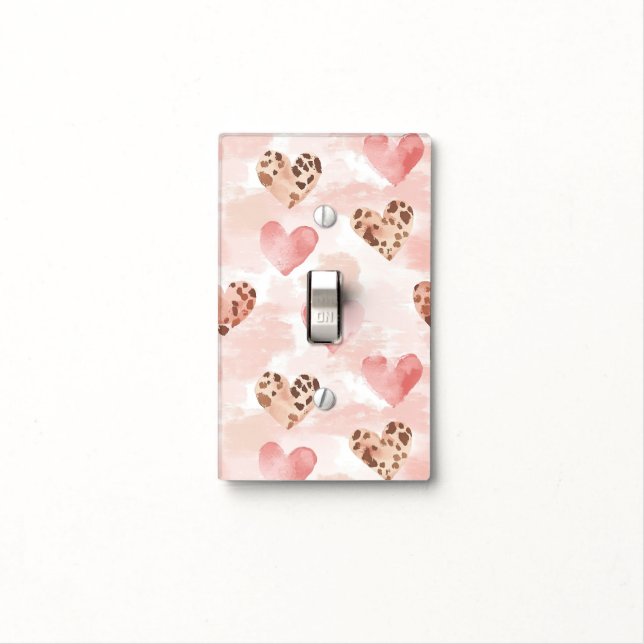 Pink Brown Leopard Print Hearts Birthday Light Switch Cover (In Situ)
