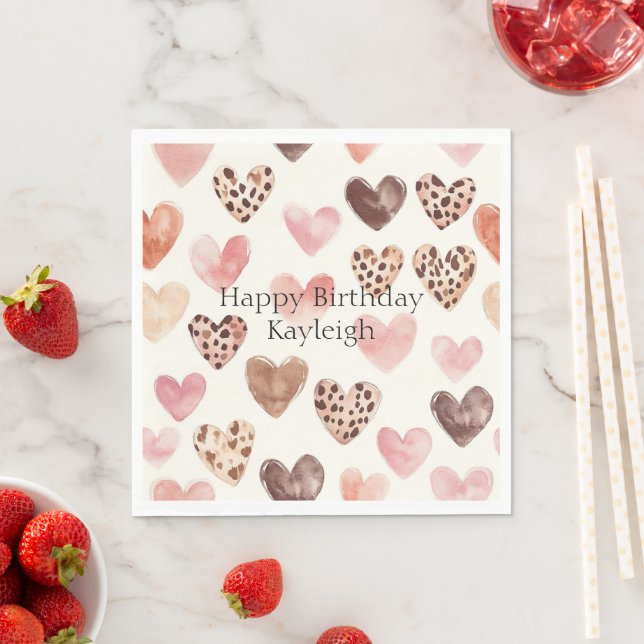 Pink Brown Leopard Print Hearts Birthday Napkins (Insitu)