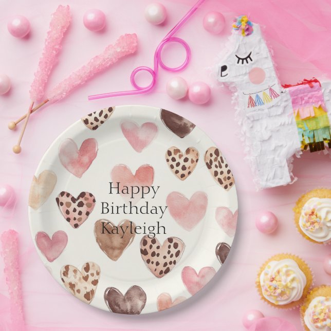 Pink Brown Leopard Print Hearts Birthday Paper Plates (Party)