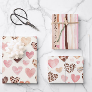 Pink Brown Leopard Print Hearts Birthday Wrapping Paper Sheets