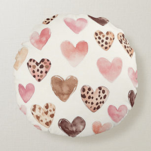 Pink Brown Leopard Print Hearts Round Pillow