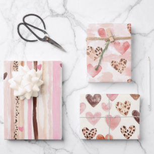 Pink Brown Leopard Print Hearts Stripes Christmas Wrapping Paper Sheets