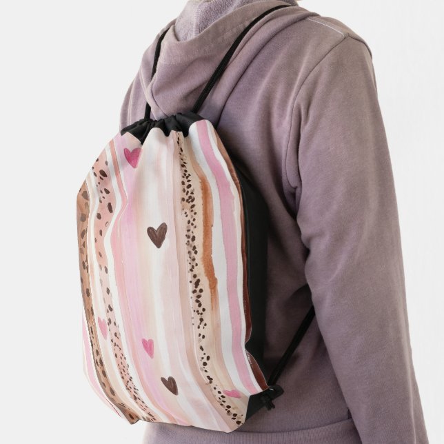 Pink Brown Leopard Print Hearts Stripes Drawstring Bag (Insitu)