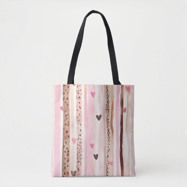 Pink Brown Leopard Print Hearts Stripes Tote Bag (Front)