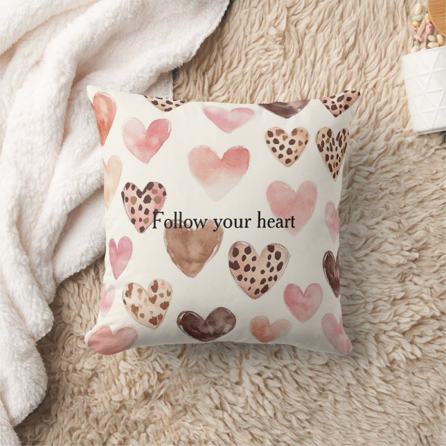 Pink Brown Leopard Print Hearts Throw Pillow (Blanket)