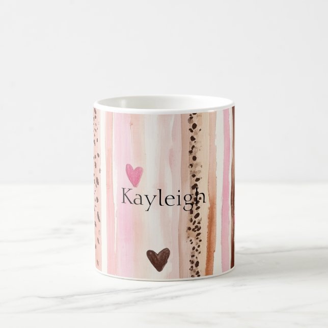 Pink Brown Leopard Print Stripes Hearts Coffee Mug (Center)