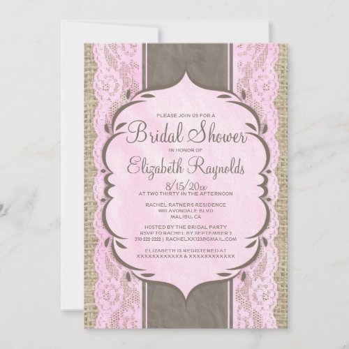 Pink Brown Linen Burlap Lace Bridal Shower Invites