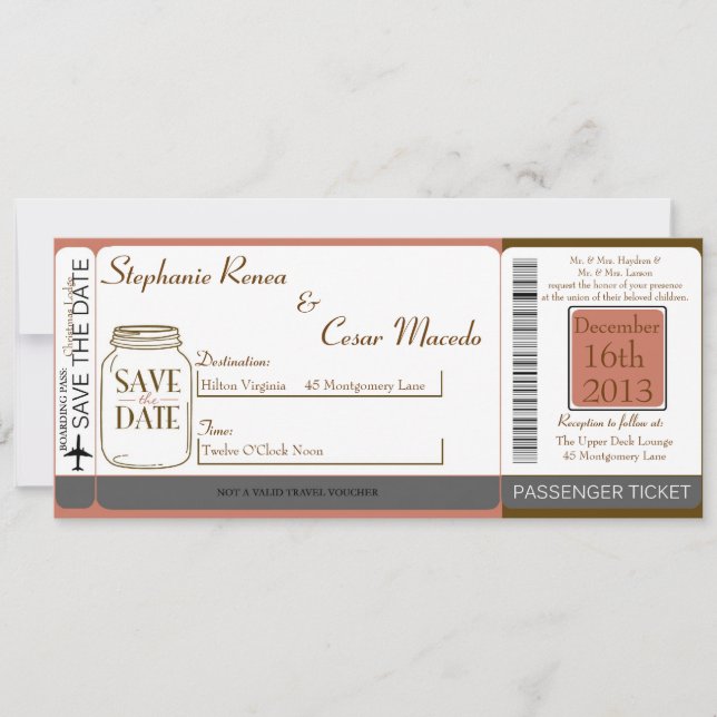 Pink/Brown Mason Boarding Pass Wedding Invitation (Front)