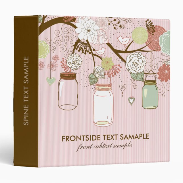 Pink & Brown Mason Jar & Retro Flowers 3 Ring Binder (Front/Spine)