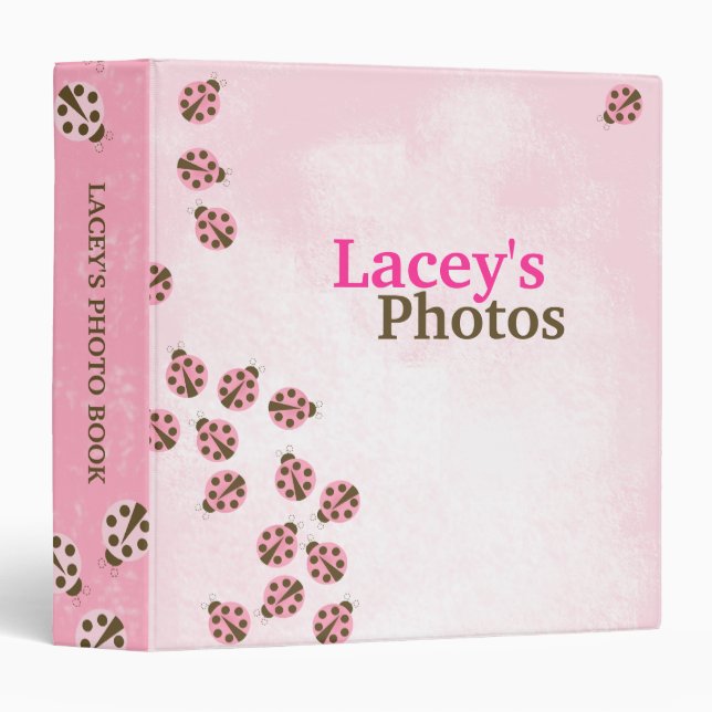 Pink Brown Modern Ladybug Girl's Photo Album 3 Ring Binder (Front/Spine)