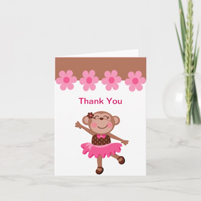 Pink & Brown Monkey Dancing in Tutu Girl Thank You Card (Front)