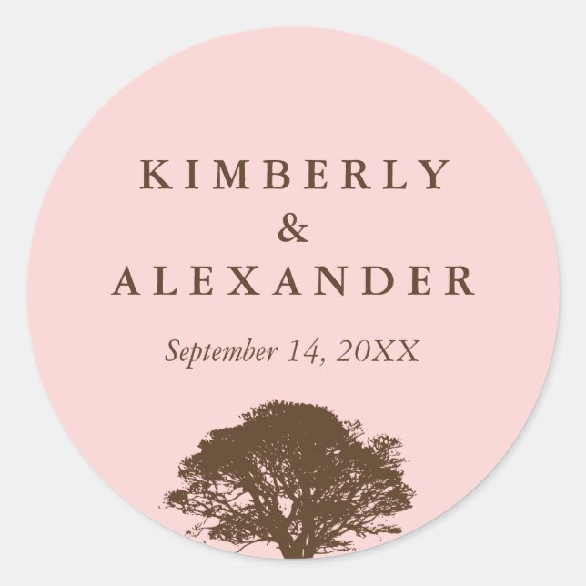 Pink brown oak tree wedding favor label seal (Front)