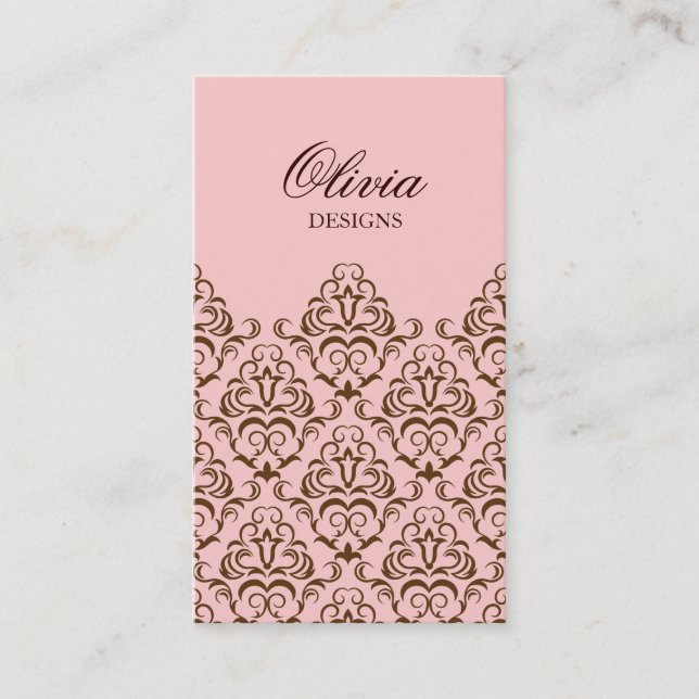 Pink & Brown Ornate Damask Business Card Design (Front)