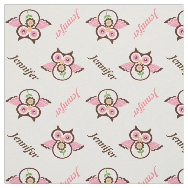 Pink brown owl, flowers & name personalized fabric (Swatch)
