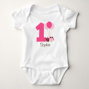 Pink Brown Owl Polka Dot 1st Birthday Girl Baby Bodysuit