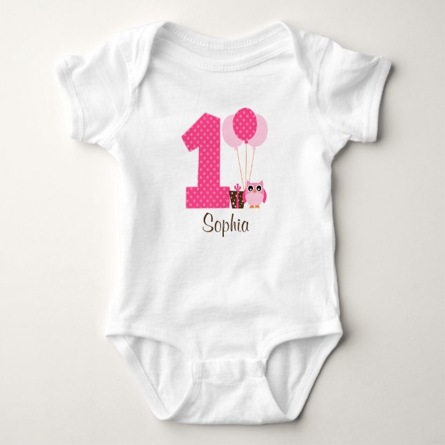 Pink Brown Owl Polka Dot 1st Birthday Girl Baby Bodysuit (Front)