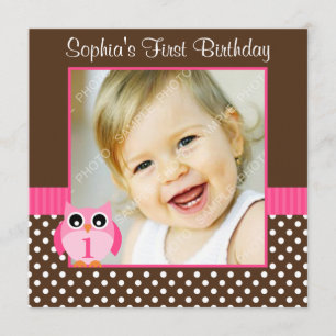 Pink Brown Owl Polka Dot 1st Birthday Girl Photo Invitation