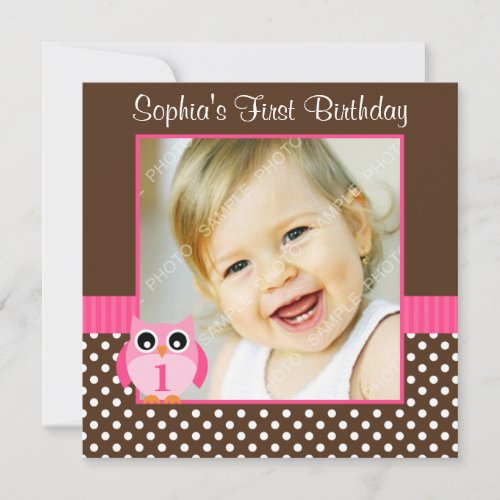 Pink Brown Owl Polka Dot 1st Birthday Girl Photo Custom Announcement