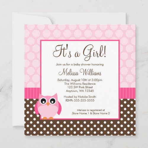 Pink Brown Owl Polka Dot Girl Baby Shower Personalized Invites