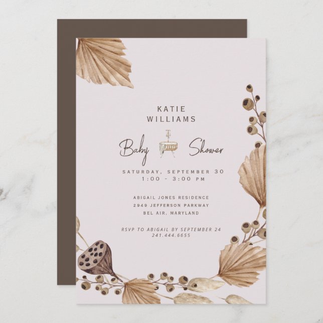 Pink & Brown Pampas Baby Shower Invitation (Front/Back)