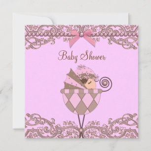 Pink Brown Pearls Lace Girl Baby Shower Invitation