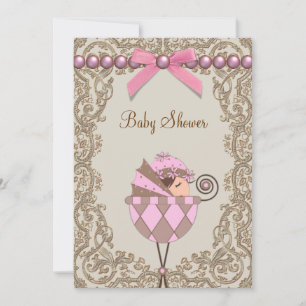 Pink Brown Pearls Lace Girl Baby Shower Invitation