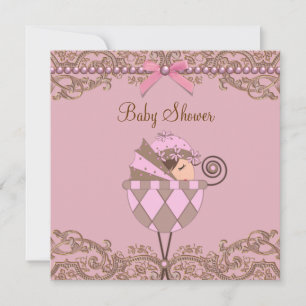Pink Brown Pearls Lace Girl Baby Shower Invitation