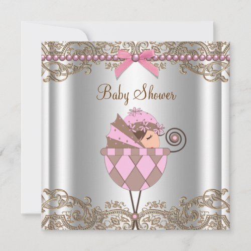 Pink Brown Pearls Lace Girl Baby Shower Invitation