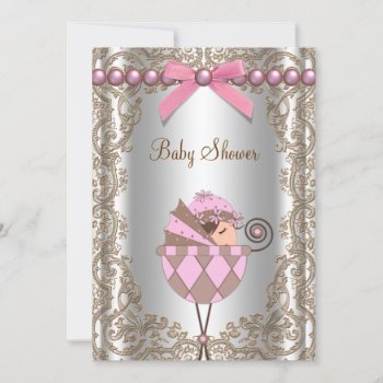 Pink Brown Pearls Lace Girl Baby Shower Invitation by BabyCentral at Zazzle