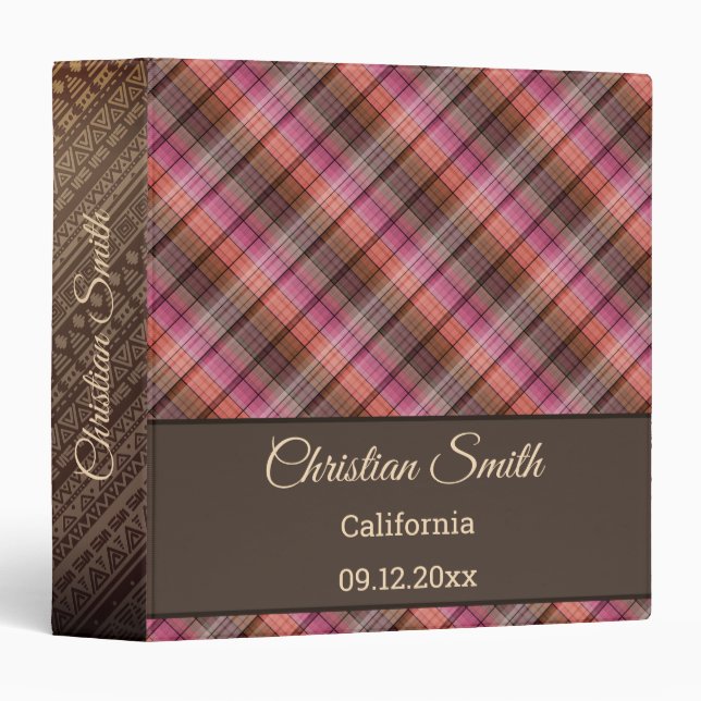 Pink brown Plaid 3 Ring Binder (Front/Spine)