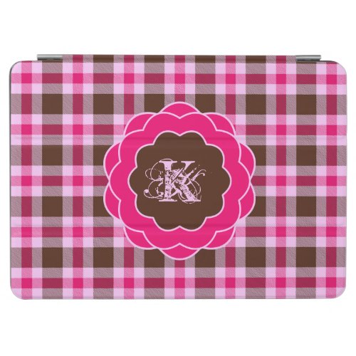 Pink  Brown Plaid Monogram In Scalloped Frame iPad Air Cover