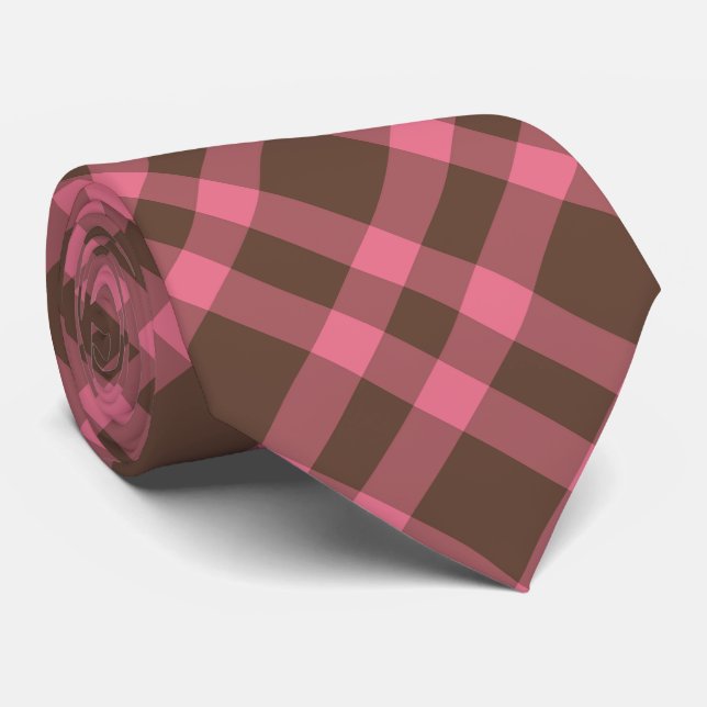 Pink Brown Plaid Pattern Neck Tie (Rolled)