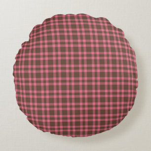 Pink Brown Plaid Pattern Round Pillow