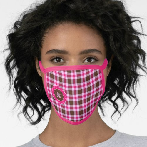 Pink  Brown Plaid With Pink Trim Monogram Face Mask