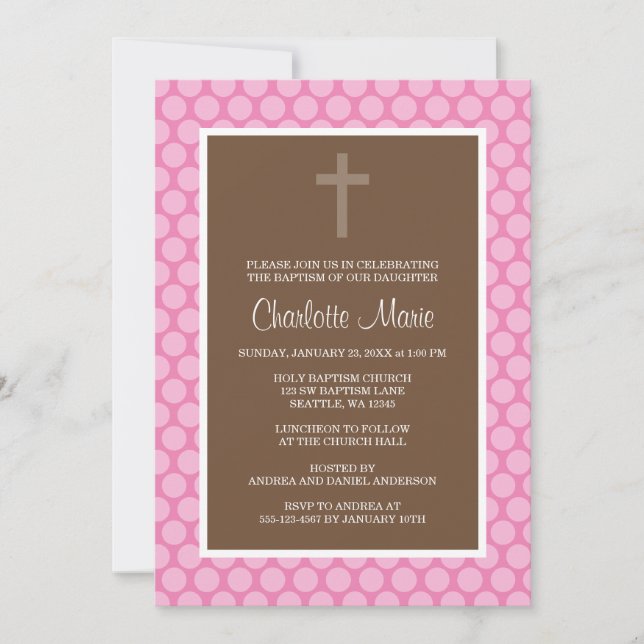 Pink Brown Polka Dot Cross Baptism Christening Invitation (Front)
