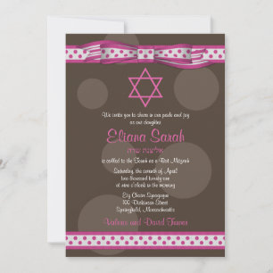 Pink Brown Polka Dots Bow Bat Mitzvah Invitation