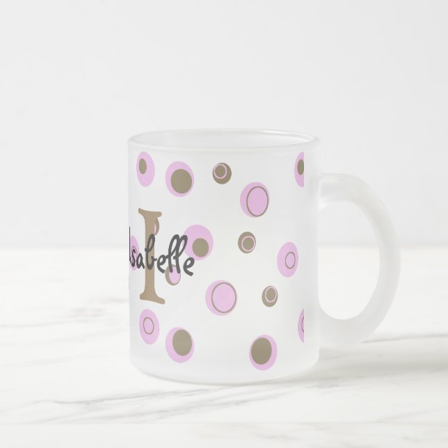 Pink Brown Polka Dots Monogrammed Frosted Glass Coffee Mug (Right)