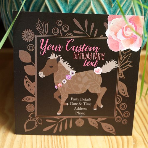 Pink  Brown Pony Theme Birthday Invitation