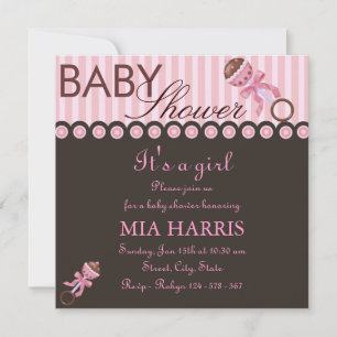 Pink & Brown Rattle Design Baby Shower Invitation