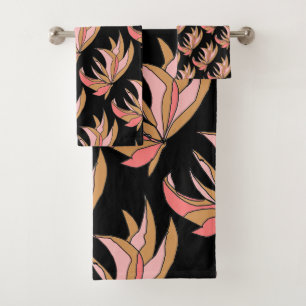 Pink Brown Root Plant On Black Bath Towel Set