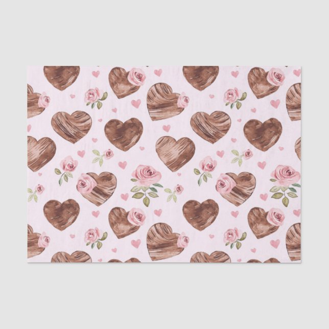 Pink Brown Roses Floral Hearts Bridal Shower Tissue Paper (Front)