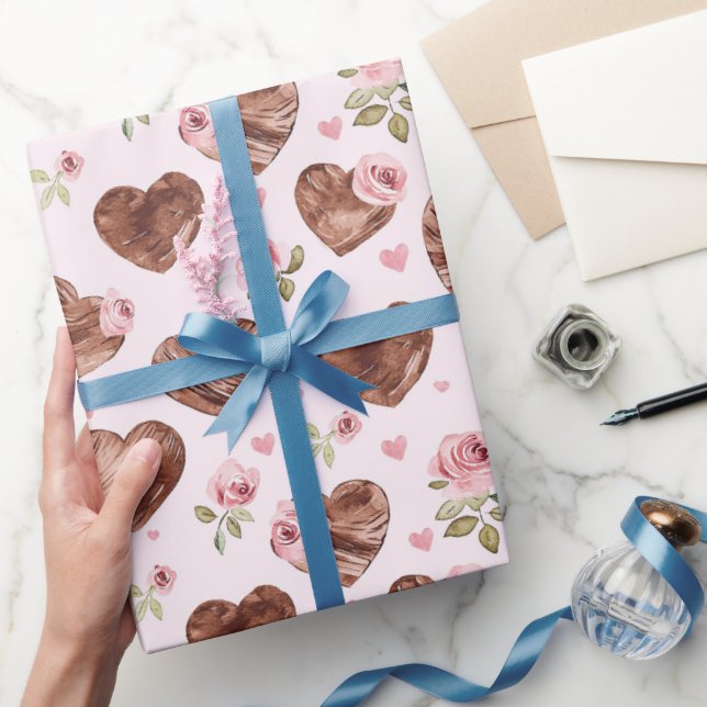 Pink Brown Roses Floral Hearts Wedding Wrapping Paper (Gifting)