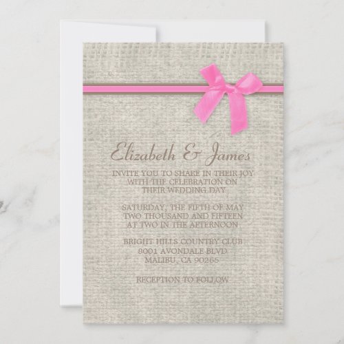Pink &amp; Brown Rustic Burlap Bow Wedding Invitations