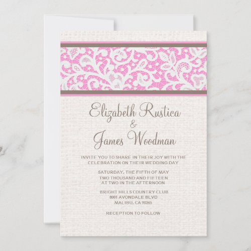 Pink Brown Rustic Burlap Linen Wedding Invitations